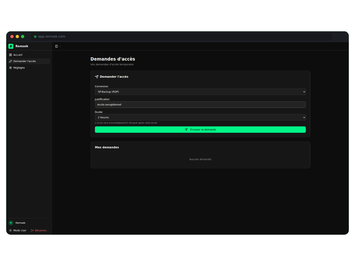 Formulaire de demande d'accès Just-in-Time