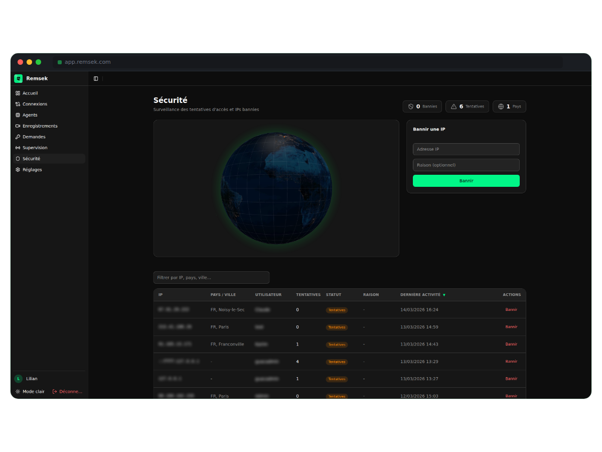 Page sécurité avec carte mondiale et gestion des IPs bannies