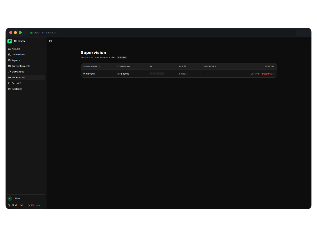 Supervision des sessions actives en temps réel